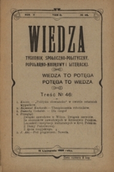 Wiedza : tygodnik społeczno-polityczny, popularno-naukowy i literacki. R. 2, T. 2, no 46 (15 listopada 1908)
