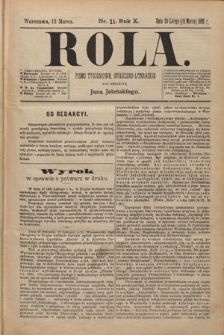 Rola : pismo tygodniowe, poświęcone sprawom społecznym, ekonomicznym i literackim T. 10, Nr 11 (12 marca 1892)