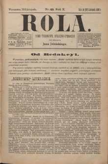 Rola : pismo tygodniowe, poświęcone sprawom społecznym, ekonomicznym i literackim T. 10, Nr 48 (26 listopada 1892)