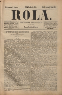 Rola : pismo tygodniowe społeczno-literackie R. 11, Nr 27 (26 czerwca/8 lipca 1893)