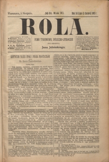 Rola : pismo tygodniowe społeczno-literackie R. 11, Nr 31 (24 lipca/5 sierpnia 1893)