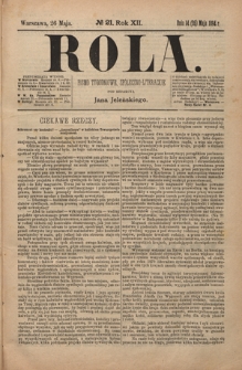 Rola : pismo tygodniowe, społeczno-literackie R. 12, nr 21 (14/26 maja 1894)