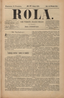 Rola : pismo tygodniowe, społeczno-literackie R. 12, nr 37 (3/15 września 1894)