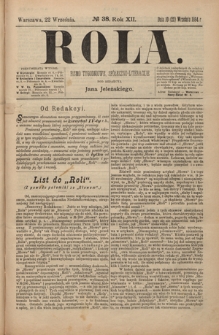 Rola : pismo tygodniowe, społeczno-literackie R. 12, nr 38 (10/22 września 1894)