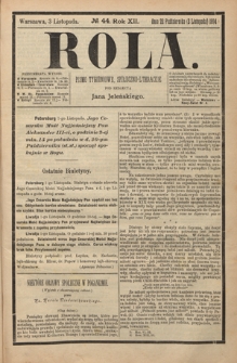Rola : pismo tygodniowe, społeczno-literackie R. 12, nr 44 (22 października/3 listopada 1894)