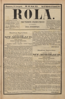 Rola : pismo tygodniowe, społeczno-literackie R. 12, nr 45 (29 pażdziernika/10 listopada 1894)