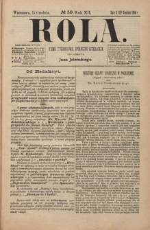 Rola : pismo tygodniowe, społeczno-literackie R. 12, nr 50 (3/15 grudnia 1894)