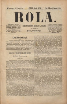 Rola : pismo tygodniowe, społeczno-literackie R. 13, Nr 14 (25 marca/6 kwietnia 1895)