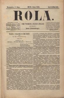 Rola : pismo tygodniowe, społeczno-literackie R. 13, Nr 21 (13/25 maja 1895)