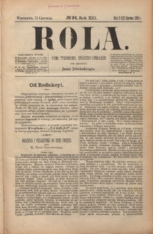 Rola : pismo tygodniowe, społeczno-literackie R. 13, Nr 24 (3/15 czerwca 1895)