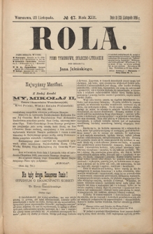 Rola : pismo tygodniowe, społeczno-literackie R. 13, Nr 47 (11/23 listopada 1895)