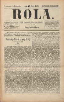 Rola : pismo tygodniowe, społeczno-literackie R. 16, Nr 47 (7 listopada/19 listopada 1898)