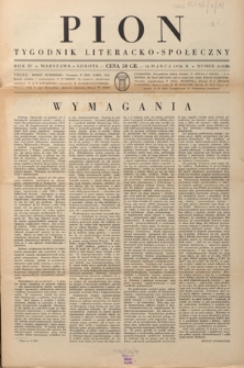 Pion : tygodnik literacko-społeczny R. 4, Nr 11=128 (14 marca 1936)