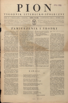Pion : tygodnik literacko-społeczny R. 4, Nr 16=133 (18 kwietnia 1936)