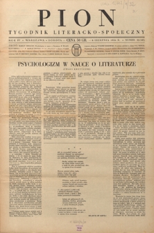 Pion : tygodnik literacko-społeczny R. 4, Nr 32=149 (8 sierpnia 1936)