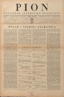 Pion : tygodnik literacko-społeczny R. 4, Nr 37=154 (12 września 1936)