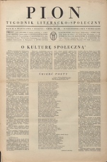 Pion : tygodnik literacko-społeczny R. 3, Nr 42=107 (19 października 1935)