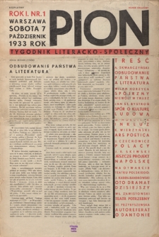 Pion : tygodnik literacko-społeczny R. 1, Nr 1 (październik1933)