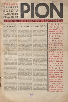 Pion : tygodnik literacko-społeczny R. 1, Nr 11 (16 grudnia 1933)