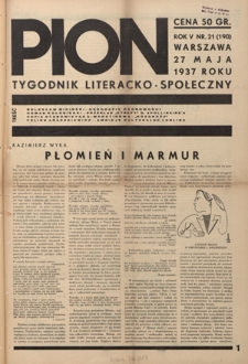 Pion : tygodnik literacko-społeczny R. 5, Nr 20=189 (20 maja 1937)