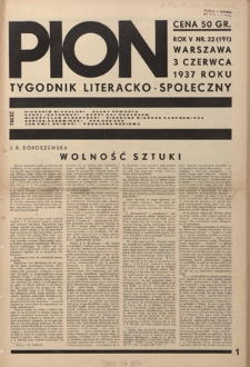 Pion : tygodnik literacko-społeczny R. 5, Nr 22=191 (3 czerwca 1937)