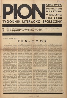 Pion : tygodnik literacko-społeczny R. 5, Nr 36=205 (9 września 1937)