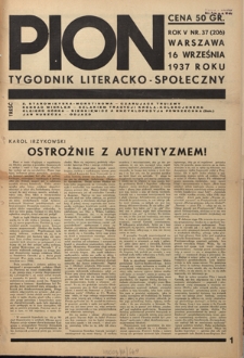 Pion : tygodnik literacko-społeczny R. 5, Nr 37=206 (16 września 1937)