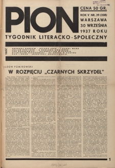 Pion : tygodnik literacko-społeczny R. 5, Nr 39=208 (30 września 1937)