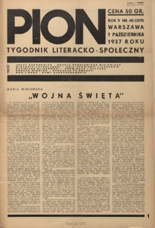Pion : tygodnik literacko-społeczny R. 5, Nr 40=209 (7 października 1937)