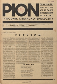 Pion : tygodnik literacko-społeczny R. 5, Nr 43=212 (28 października 1937)
