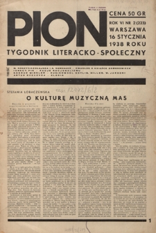 Pion : tygodnik literacko-społeczny R. 6, Nr 2=223 (16 stycznia 1938)