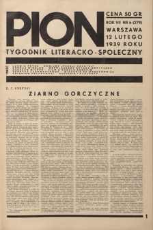 Pion : tygodnik literacko-społeczny R. 7, Nr 6=279 (12 lutego 1939)