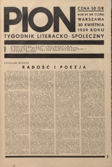 Pion : tygodnik literacko-społeczny R. 7, Nr 17=290 (30 kwietnia 1939)