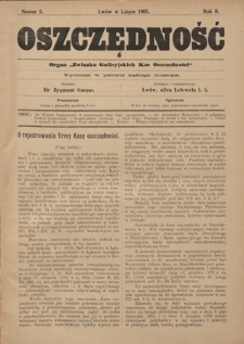 Oszczędność: organ Związku Galicyjskich Kas Oszczędności R. 2, Nr 2 (w lutym 1905)