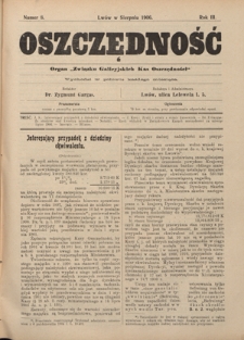 Oszczędność: organ Związku Galicyjskich Kas Oszczędności: wychodzi w połowie każdego miesiąca R. 3, Nr 8 (w sierpniu 1906)