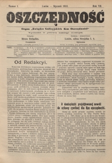 Oszczędność: organ Związku Galicyjskich Kas Oszczędności: wychodzi w połowie każdego miesiąca R. 7, nr 1 (styczeń 1911)
