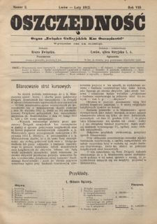 Oszczędność: organ Związku Galicyjskich Kas Oszczędności : wychodzi raz na miesiąc R. 8, nr 2 (luty 1912)