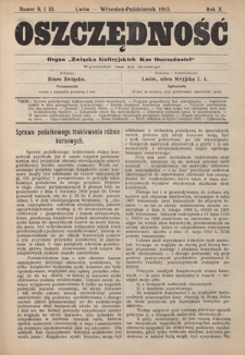 Oszczędność: organ Związku Galicyjskich Kas Oszczędności: wychodzi raz na miesiąc R. 9, nr 9-10 (wrzesień-październik 1913)