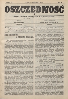Oszczędność: organ Związku Galicyjskich Kas Oszczędności: wychodzi raz na miesiąc R. 9, nr 11 (listopad 1913)