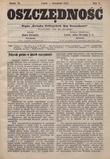Oszczędność: organ Związku Galicyjskich Kas Oszczędności: wychodzi raz na miesiąc R. 9, nr 12 (grudzień 1913)