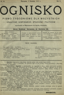 Ognisko : pismo tygodniowe dla wszystkich oświatowe, gospodarcze, społeczne i polityczne. R. 2, Nr 14 (3 kwietnia 1913)