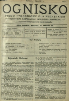 Ognisko : pismo tygodniowe dla wszystkich oświatowe, gospodarcze, społeczne i polityczne. R. 2, Nr 27 (3 lipca 1913)