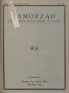Samorząd : tygodnik poświęcony sprawom samorządu terytorialnego. R. 8, nr 14 (4 kwietnia 1926)