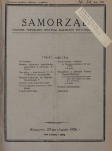 Samorząd : tygodnik poświęcony sprawom samorządu terytorialnego. R. 8, nr 34 (22 sierpnia 1926)