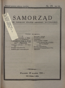 Samorząd : tygodnik poświęcony sprawom samorządu terytorialnego. R. 8, nr 39 (26 września 1926)