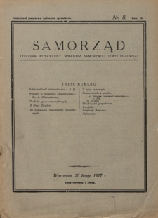Samorząd : tygodnik poświęcony sprawom samorządu terytorialnego. R. 9, nr 8 (20 lutego 1927)