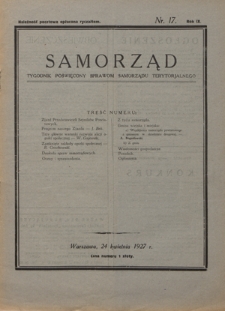 Samorząd : tygodnik poświęcony sprawom samorządu terytorialnego. R. 9, nr 17 (24 kwietnia 1927)