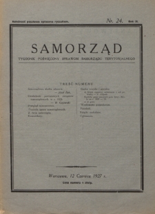 Samorząd : tygodnik poświęcony sprawom samorządu terytorialnego. R. 9, nr 24 (12 czerwca 1927)