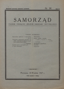 Samorząd : tygodnik poświęcony sprawom samorządu terytorialnego. R. 9, nr 38 (18 września 1927)