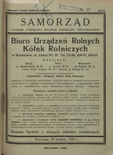 Samorząd : tygodnik poświięcony sprawom samorządu terytorialnego. R. 11, nr 17 (28 kwietnia 1929)